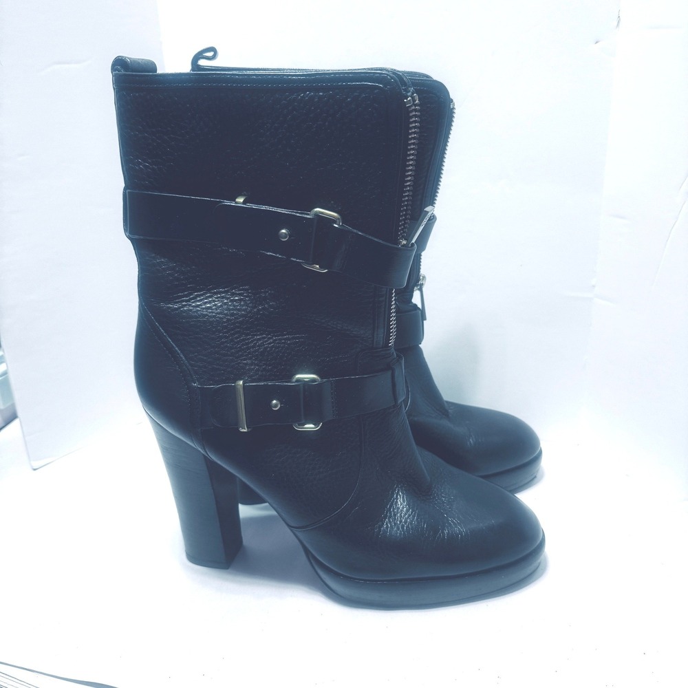 Coach Black Pebbled Leather Moto Boots Double Buckle Platform Block Heel Sz 10B